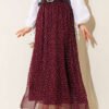 Polka Dot Elastic Waist Belted Skirt Plum