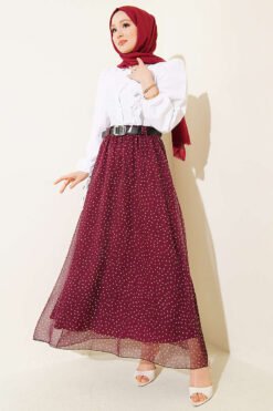 Vista alternativa de Polka Dot Elastic Waist Belted Skirt Plum