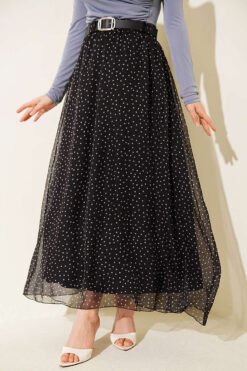 Polka Dot Elastic Waist Belted Skirt Black
