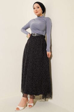 Vista alternativa de Polka Dot Elastic Waist Belted Skirt Black