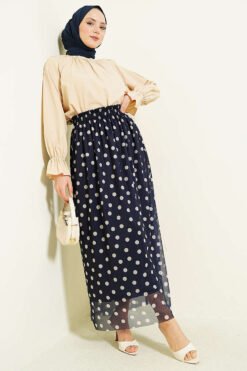 Polka Dot Chiffon Skirt Navy Blue wholesale skirt view 2 - Hicabistan Turkey factory