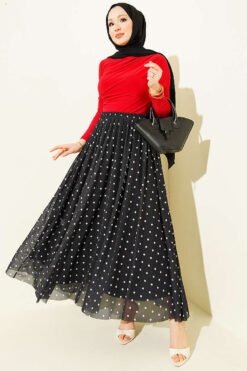 Polka Dot Tulle Flared Skirt Black wholesale skirt view 2 - Hicabistan Turkey factory