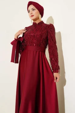 Sequin Sleeve Tie Waist Evening Dress Burgundy al por mayor dress view 2 - Hicabistan fábrica Turquía