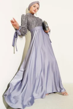 Sequin Sleeve Tie Waist Evening Dress Grey en gros dress view 2 - Hicabistan usine Turquie