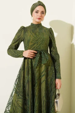 Sequined Evening Dress Khaki en gros dress view 2 - Hicabistan usine Turquie