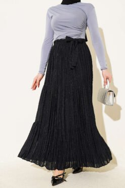 Fringe Detail Pleated Skirt Black