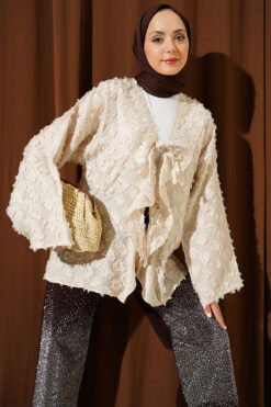 Fringed Ruffled Tie-Up Kimono Beige