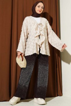 Alternatieve weergave van Fringed Ruffled Tie-Up Kimono Beige