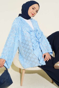 Fringed Ruffled Tie-Up Kimono Blue