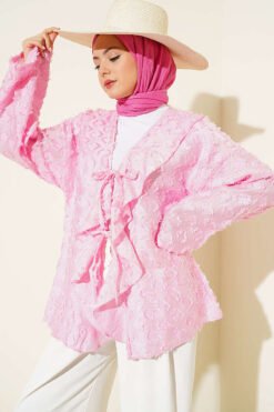 Fringed Ruffled Tie-Up Kimono Pink