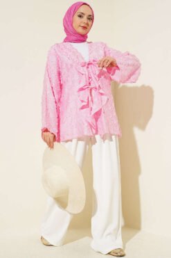 Vue alternative de Fringed Ruffled Tie-Up Kimono Pink