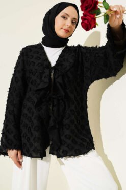 Fringed Ruffled Tie-Up Kimono Black