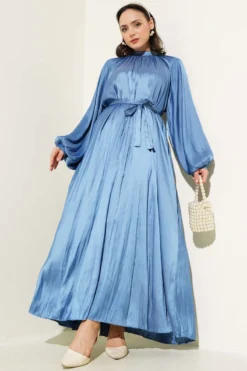 Balloon Sleeve Satin Dress Blue wholesale dress - Hicabistan Turkey factory