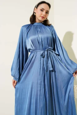Balloon Sleeve Satin Dress Blue wholesale dress view 2 - Hicabistan Turkey factory
