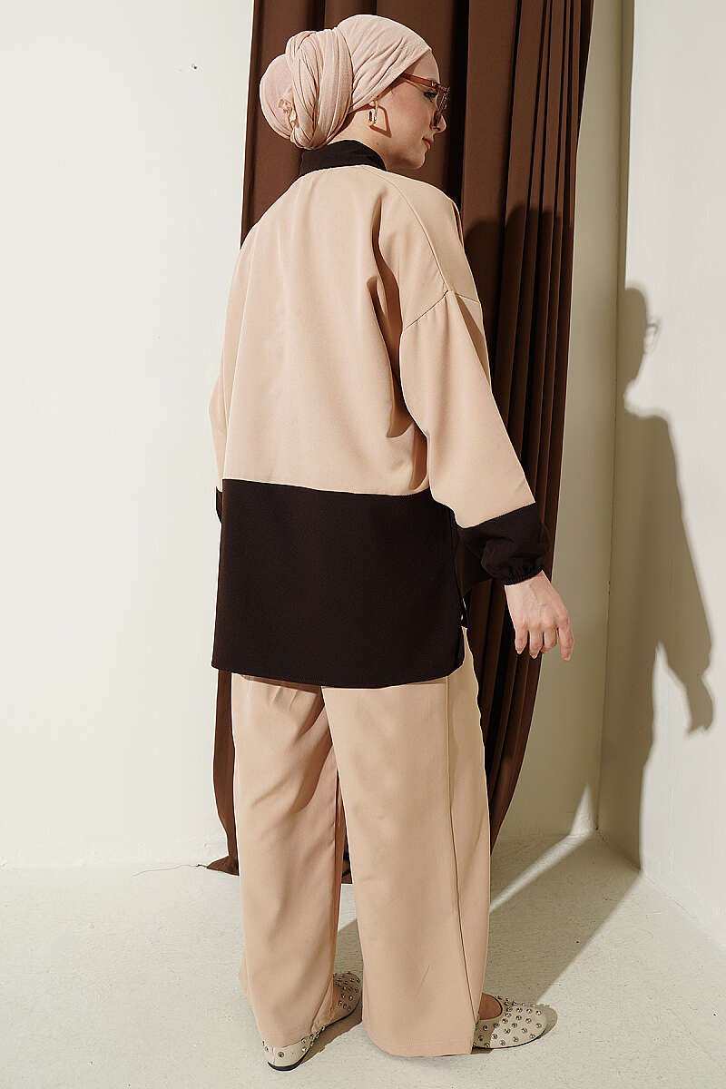 Color Blocked Scarf Twin Set Beige - Image 3