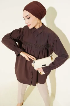 Ruffled Lace Poplin Shirt Brown