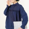 Ruffled Lace Poplin Shirt Navy Blue