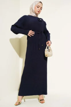 Pleated Waist Tie Dress Navy Blue wholesale dress - Hicabistan Turkey factory