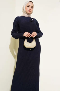 Pleated Waist Tie Dress Navy Blue wholesale dress view 2 - Hicabistan Turkey factory