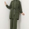 Fake Pocket Zippered Two-Piece Set Khaki