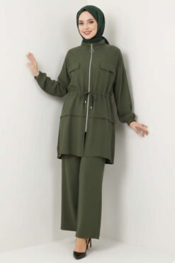 Fake Pocket Zippered Two-Piece Set Khaki