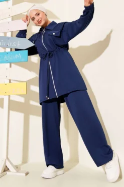 Fake Pocket Zippered Two-Piece Set Navy Blue