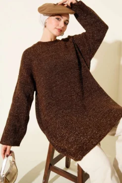 Oversized Glitter Knit Tunic Brown