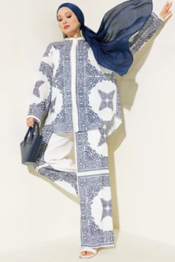 Oversized Patterned Two-Piece Set Navy Blue