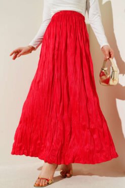 Satin-Look Wrinkled Skirt Red wholesale skirt - Hicabistan Turkey factory