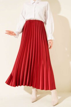 Satin Look Pleated Skirt Burgundy en gros skirt - Hicabistan usine Turquie