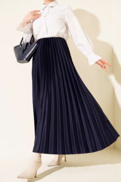 Satin Look Pleated Skirt Navy Blue بالجملة skirt - Hicabistan مصنع تركيا