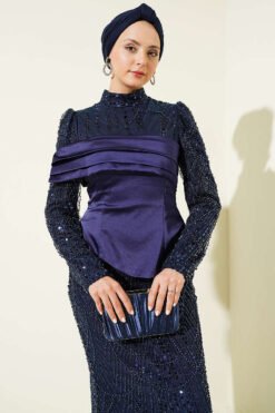 Satin Corset Look Sequin Evening Dress Navy Blue al por mayor dress view 2 - Hicabistan fábrica Turquía