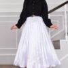 Satin Pleated Skirt with Stone Embellishments White wholesale skirt view 3 - Hicabistan Turkey factory