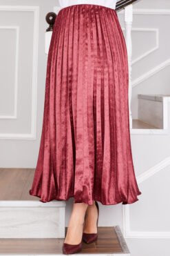 Satin Pleated Skirt with Stone Embellishments Burgundy wholesale skirt view 2 - Hicabistan Turkey factory