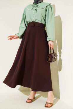 Scuba Belted Bell Skirt Brown all'ingrosso skirt - Hicabistan fabbrica Turchia
