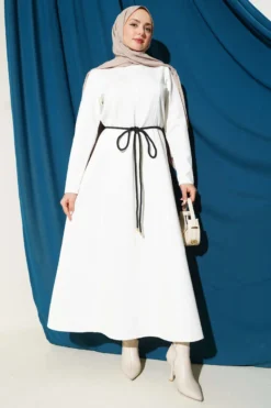 Scuba Detailed Belted Dress Ecru