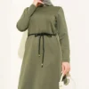 Scuba Detailed Belted Dress Khaki wholesale dress view 2 - Hicabistan Turkey factory