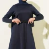 Scuba Detailed Belted Dress Navy Blue en gros dress view 2 - Hicabistan usine Turquie