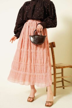 Striped Gathered Sequin Chiffon Skirt Powder Pink