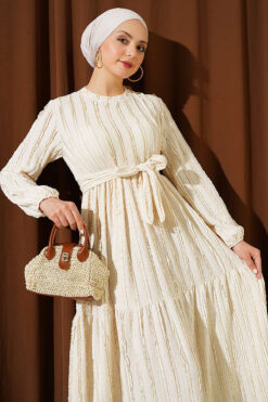 Striped Ruffled Belted Dress Beige wholesale dress view 2 - Hicabistan Turkey factory