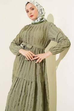 Striped Ruffled Belted Dress wholesale dress view 2 - Hicabistan Turkey factory