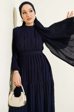 Striped Ruffled Belted Dress Navy Blue