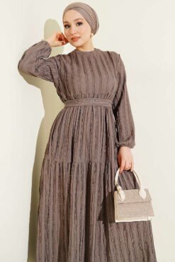 Striped Ruffled Belted Dress Mink