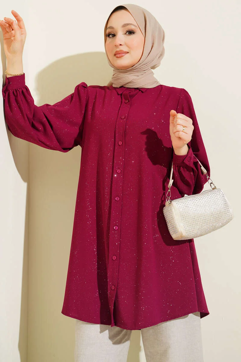 Shimmery Balloon Sleeve Shirt Burgundy بالجملة shirt - Hicabistan مصنع تركيا