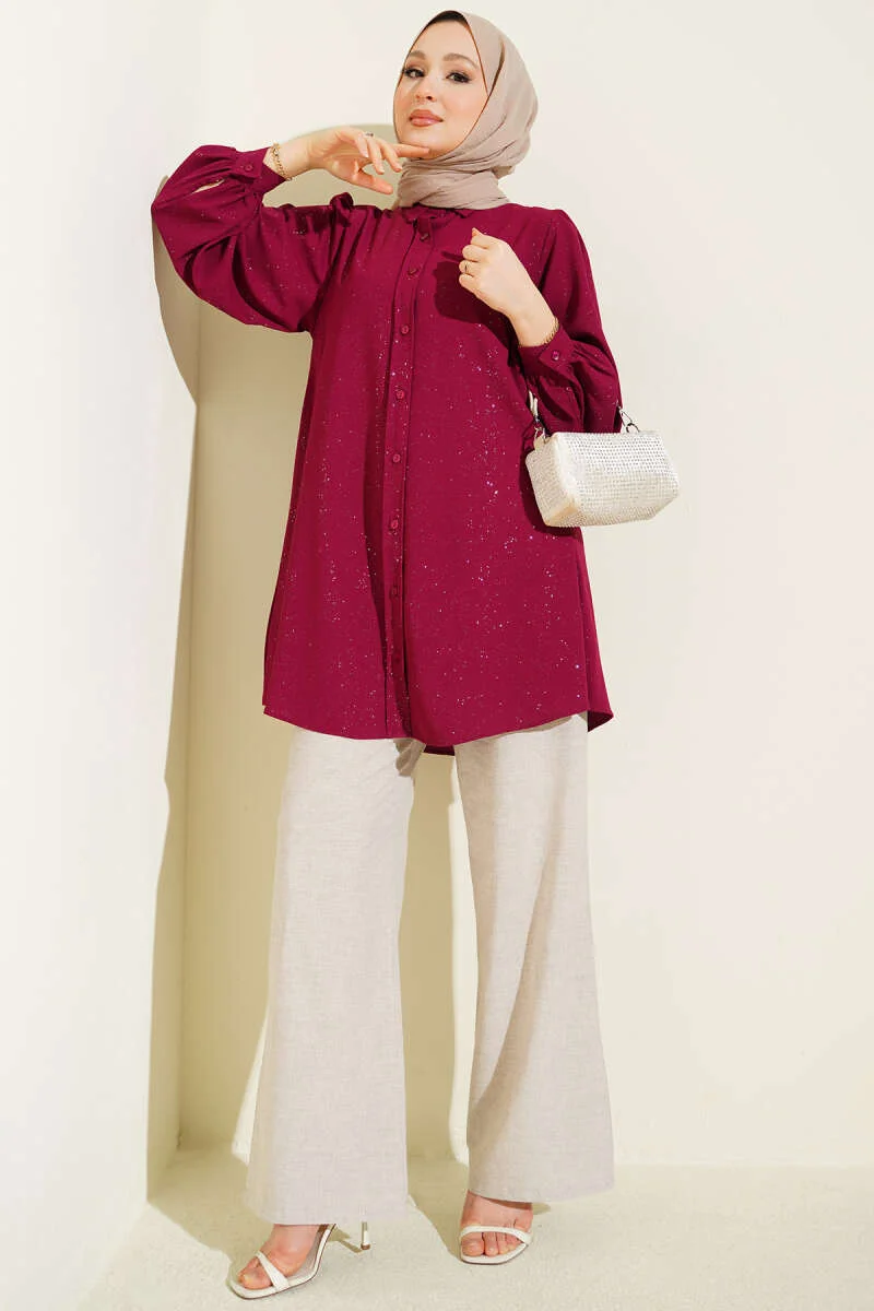 Shimmery Balloon Sleeve Shirt Burgundy بالجملة shirt view 2 - Hicabistan مصنع تركيا