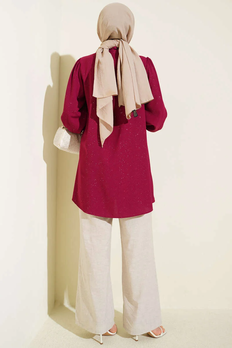 Shimmery Balloon Sleeve Shirt Burgundy بالجملة shirt view 3 - Hicabistan مصنع تركيا