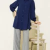 Shimmery Balloon Sleeve Shirt Navy Blue Großhandel shirt view 2 - Hicabistan Türkei Fabrik