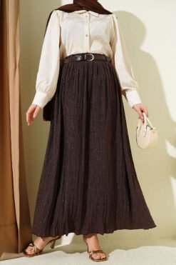Sparkly Belted Flared Skirt Brown