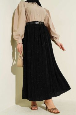 Sparkly Belted Flared Skirt Black groothandel skirt - Hicabistan Turkije fabriek