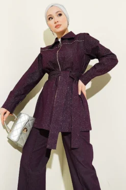 Vista alternativa de Glitter Stone Belted Gabardine Two-Piece Set Plum